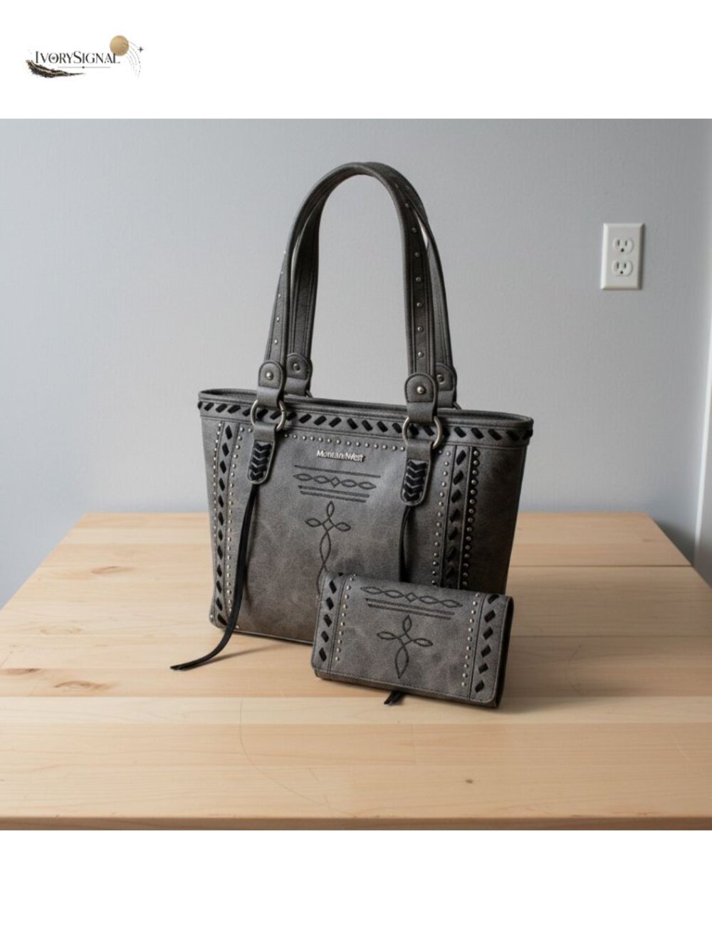 Western Studded Vegan Leather Tote Bag with Wallet